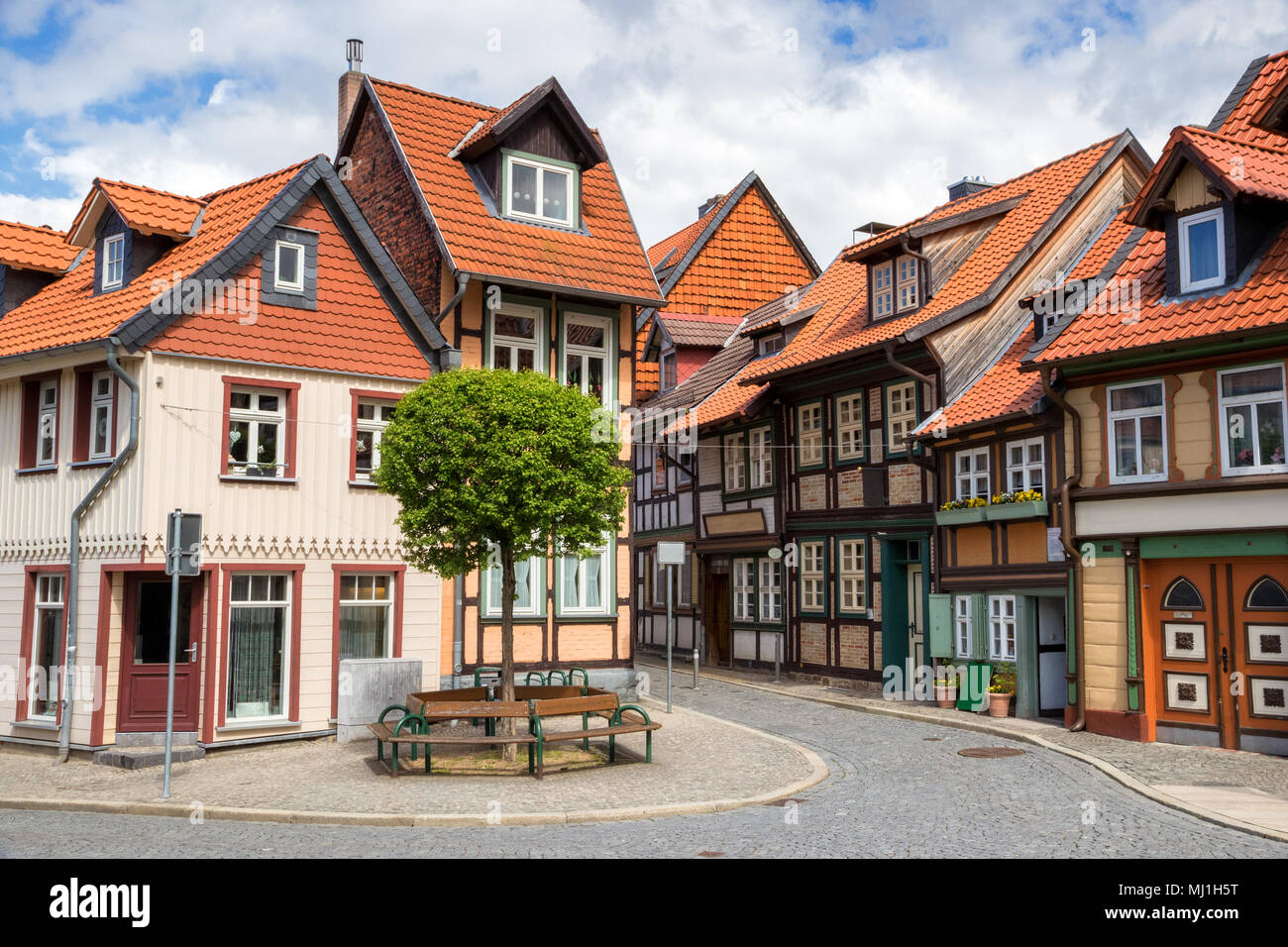 Historic timber framed houses in the centre of Wernigerode town in Saxony-Anhalt, Germany Stock Photo