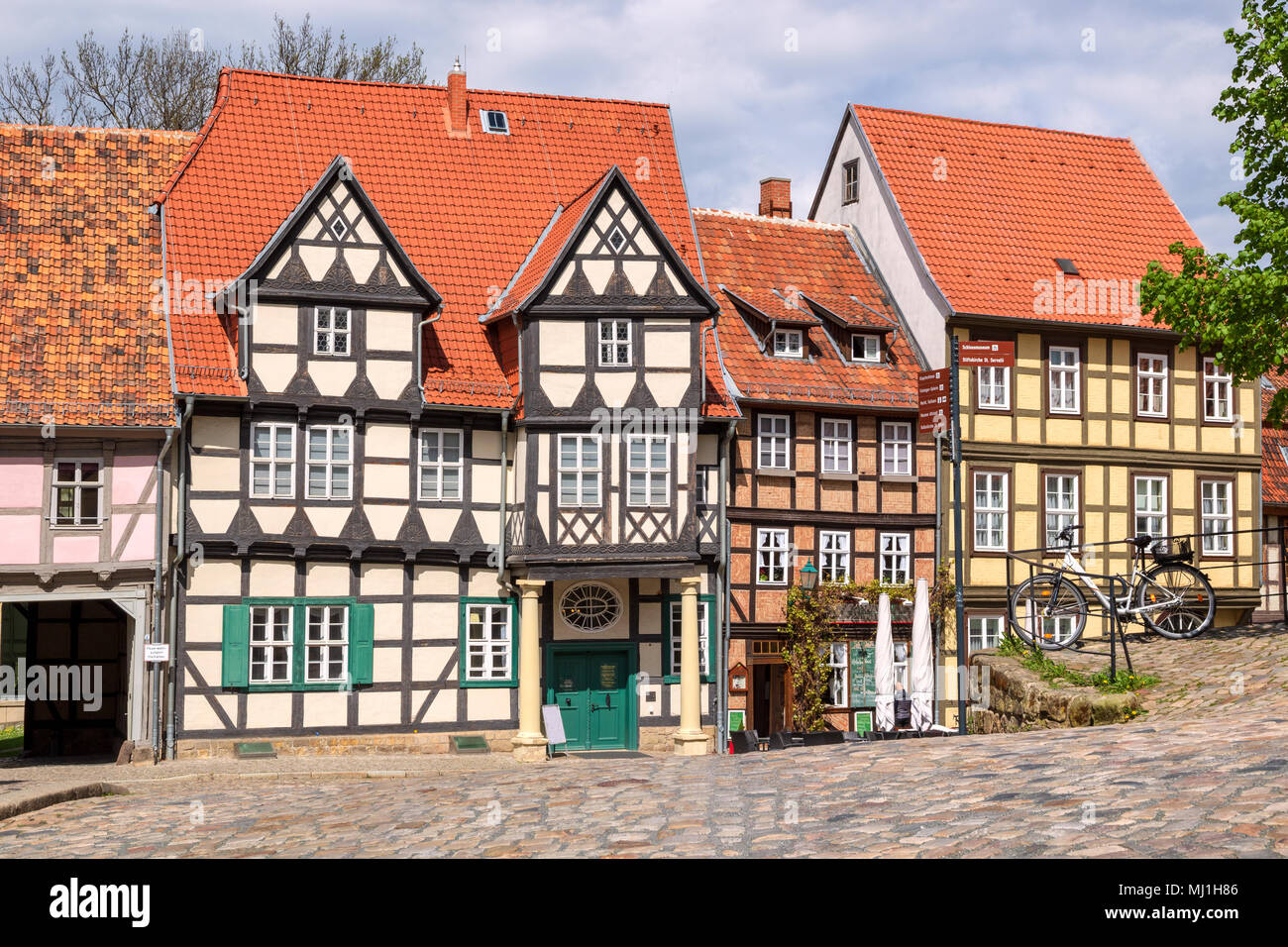Historic timber frame houses in the medieval town Quedlinburg, North of the Harz mountains. Saxony-Anhalt, Germany Stock Photo