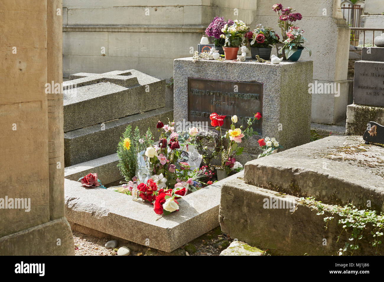 Jim Morrison Grave in Paris. Pere Lachaise cemetery. Stock Photo