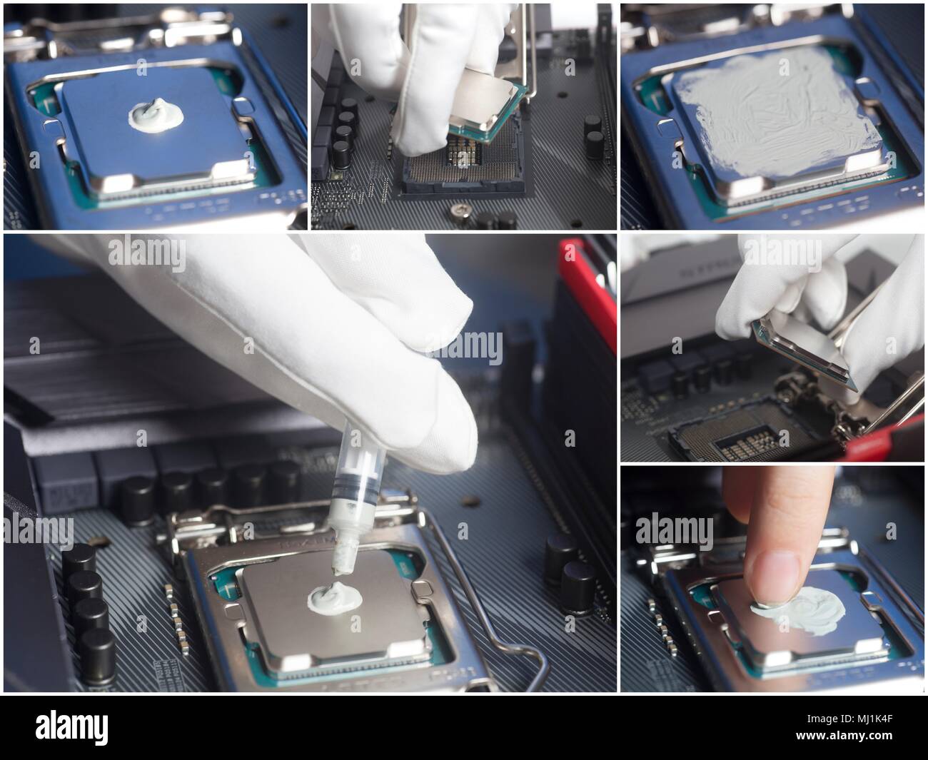 CPU with thermal paste. Computer repair. Collage Stock Photo Alamy