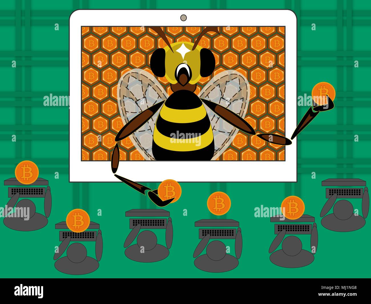Coinhive cryptocurrency browser mining. Illustration shows a bee who mines  coins on the Internet Stock Photo - Alamy