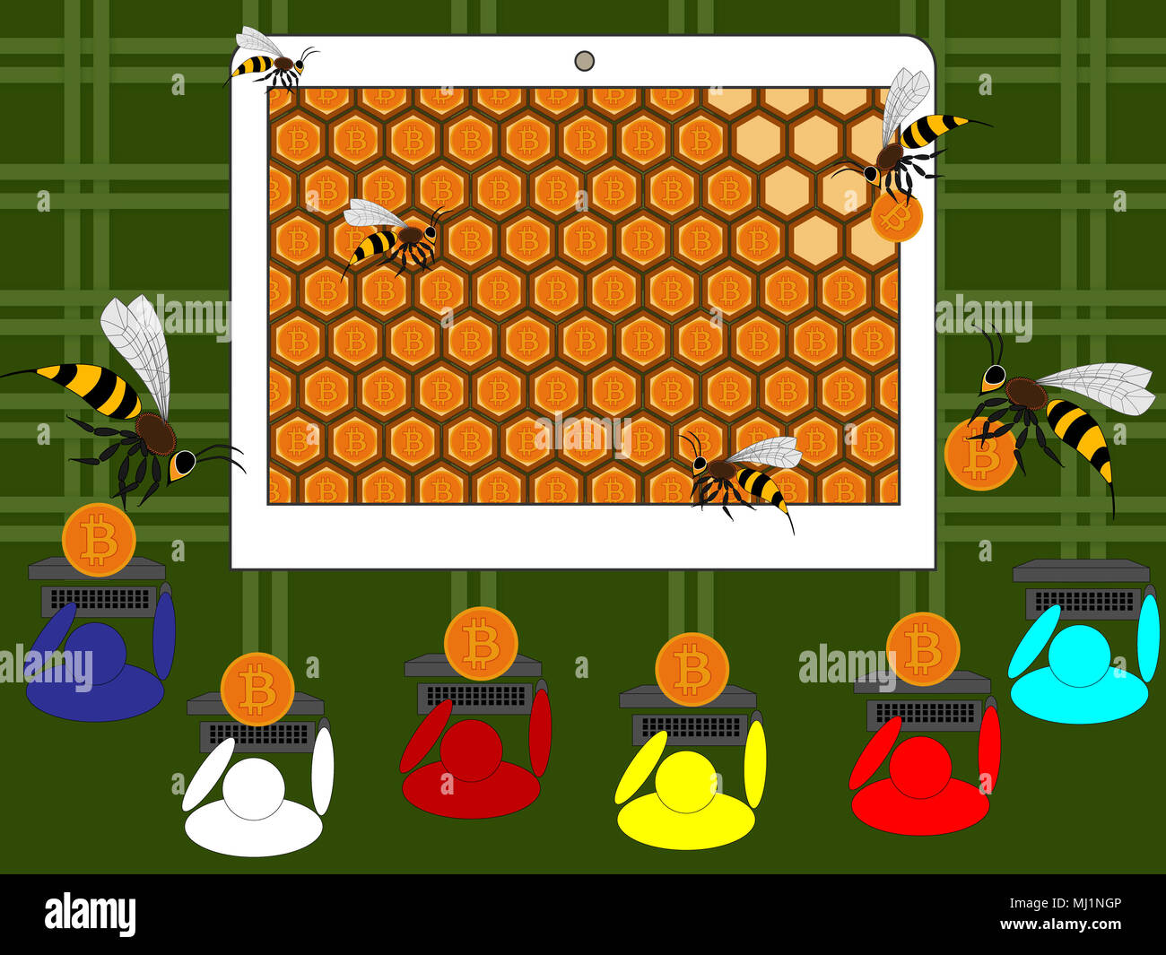 Coinhive cryptocurrency browser mining. Illustration shows a bee who mines  coins on the Internet Stock Photo - Alamy