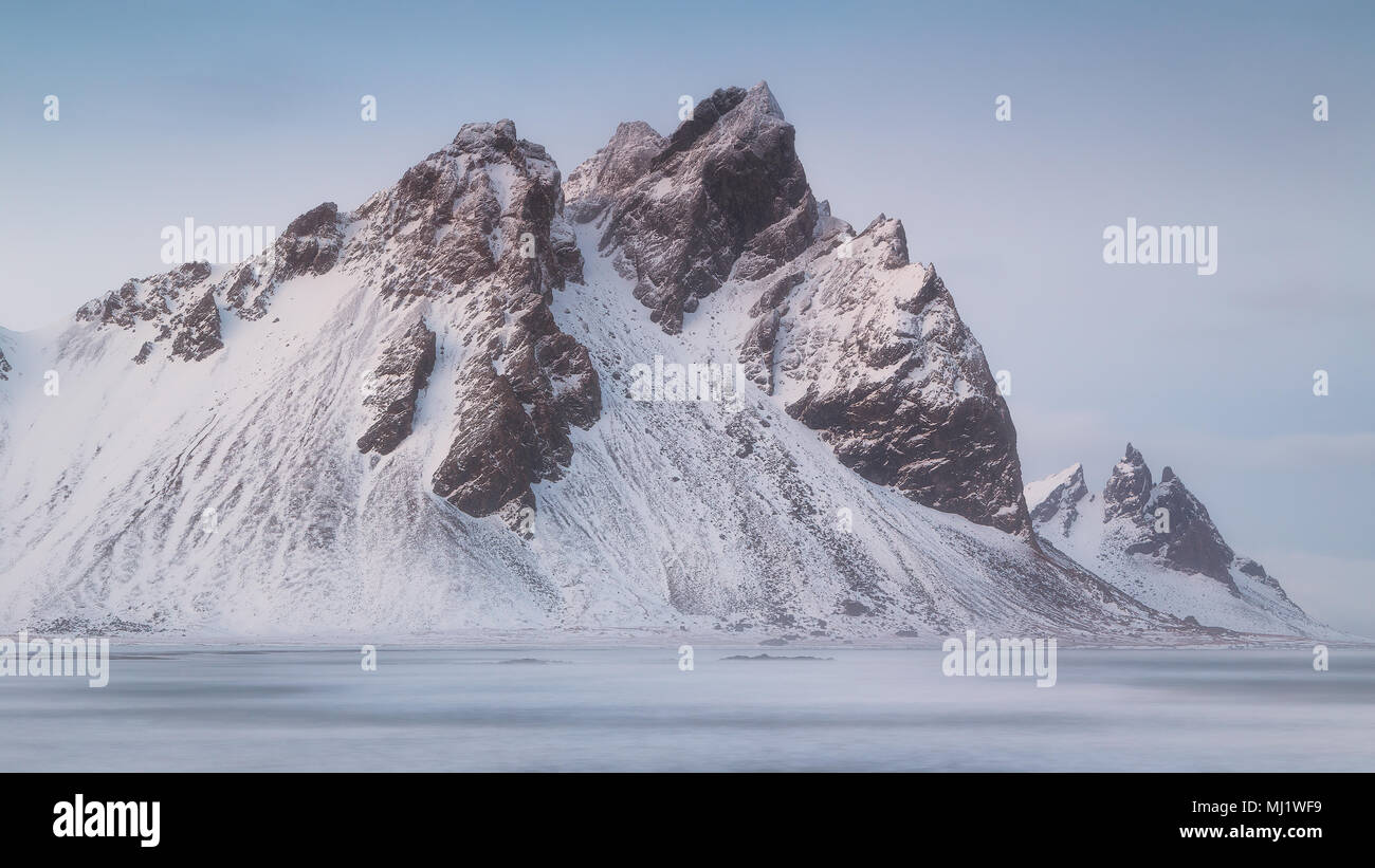 Vestrahorn and  Brunnhorn mountains from Stokksnes in Iceland Stock Photo