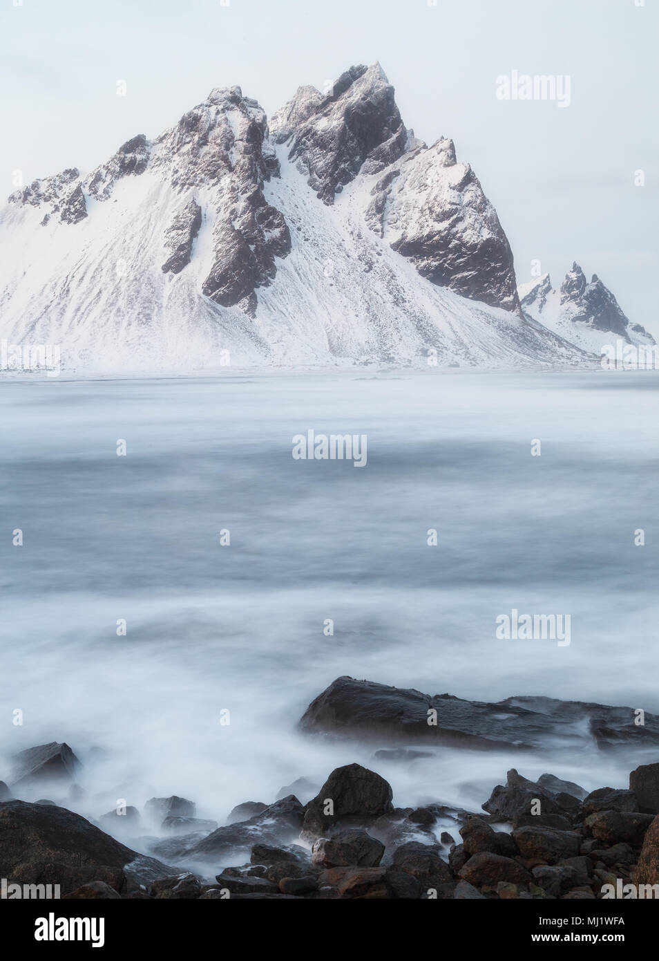 Vestrahorn and Brunnhorn mountains from Stokksnes in Iceland Stock Photo