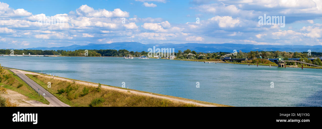 Panorama of the Rhine river and the Black Forest mountains Stock Photo