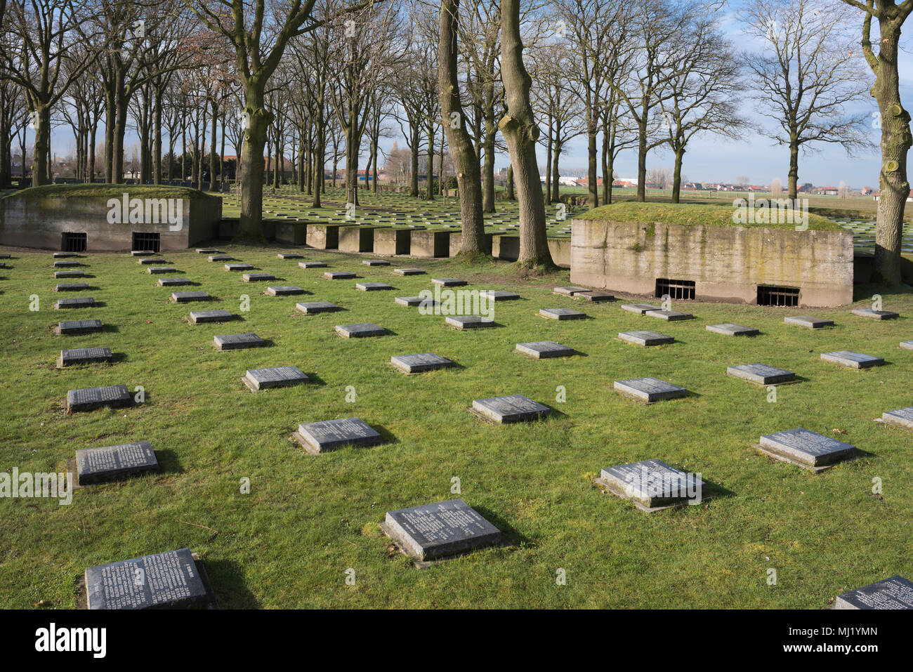 German military cemetery Langemark, gravestones and bunkers, First World War, Langemark Poelkapelle, West Flanders, Flanders Stock Photo