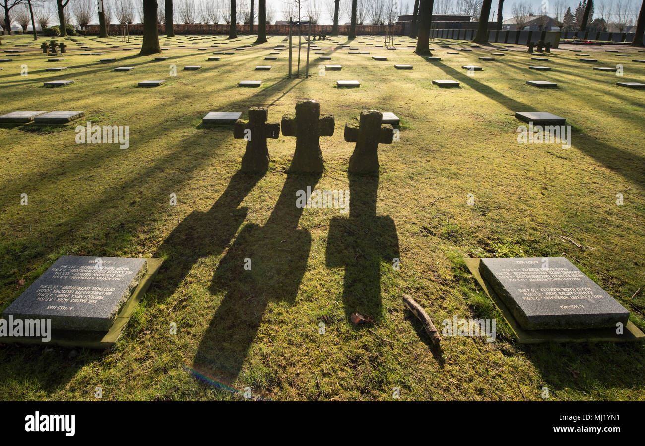 German military cemetery Langemark, gravestones and stone crosses, First World War, Langemark Poelkapelle, West Flanders Stock Photo