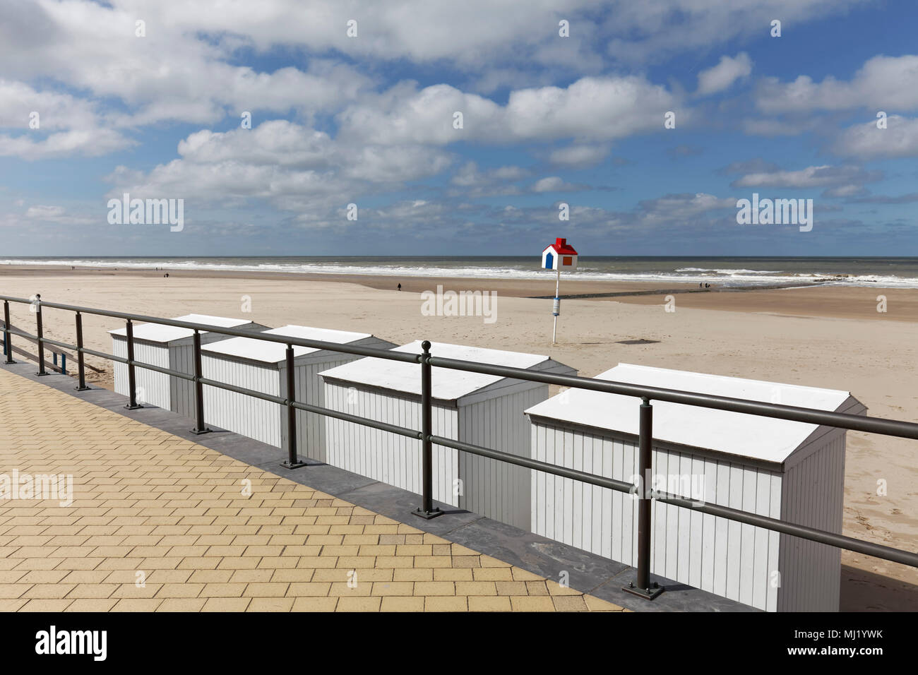 Beach with white beach huts near Blankenberge, Belgian coast, West-Flanders, Belgium Stock Photo