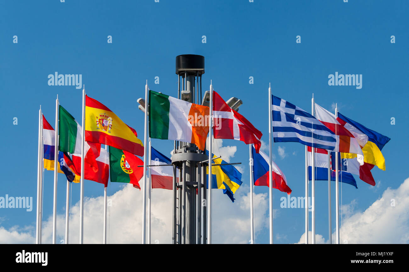 National flags of European countries on the European Square in K Stock Photo