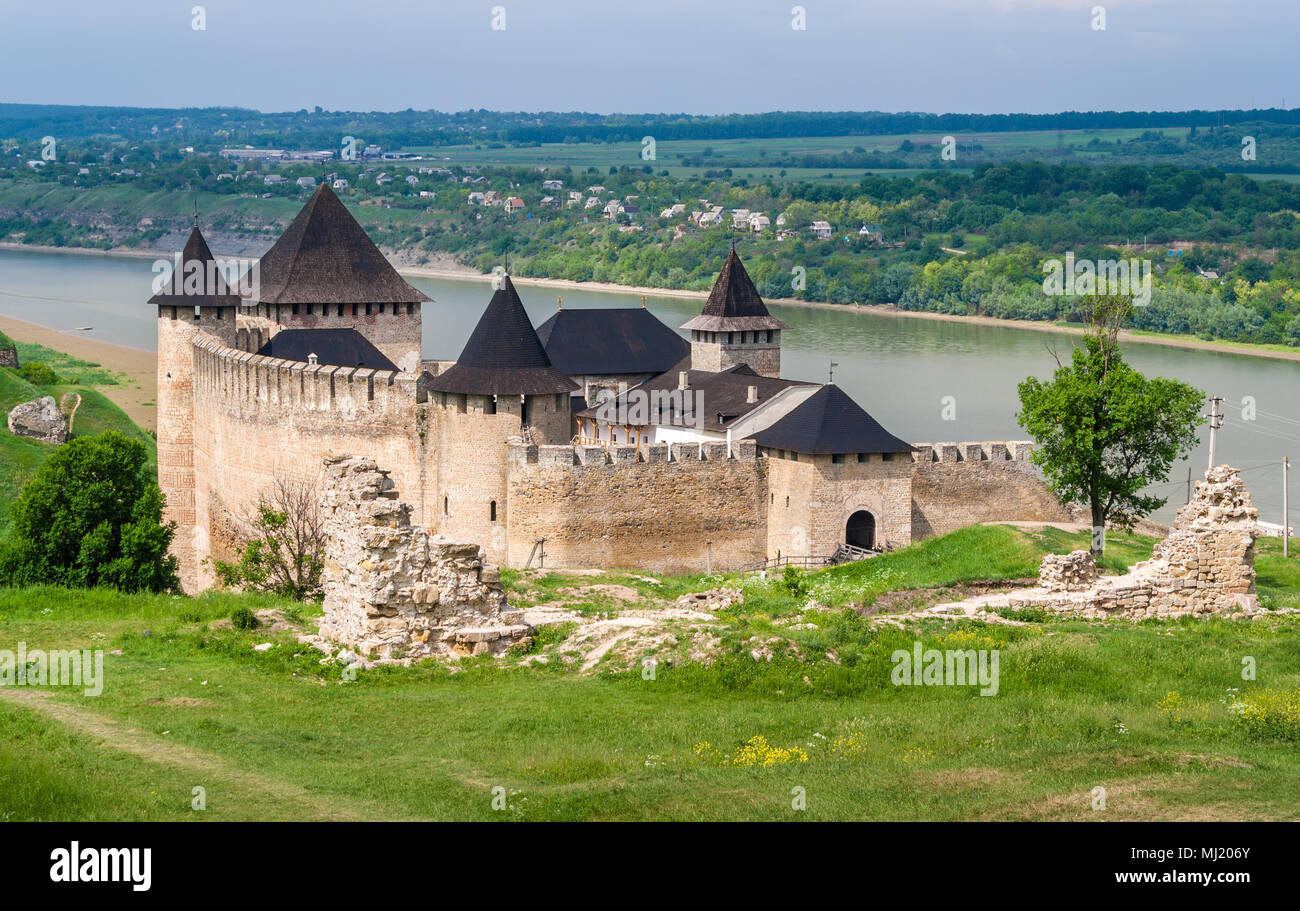 Khotyn castle on Dniester riverside. Ukraine Stock Photo