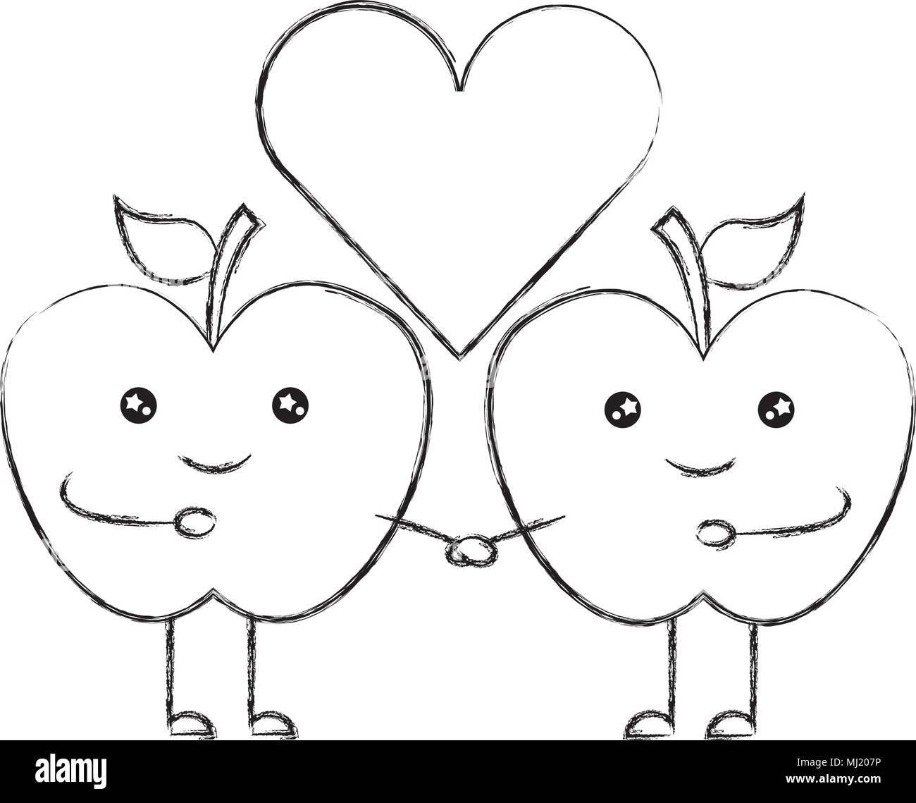 kawaii cartoon apples love together vector illustration Stock Vector
