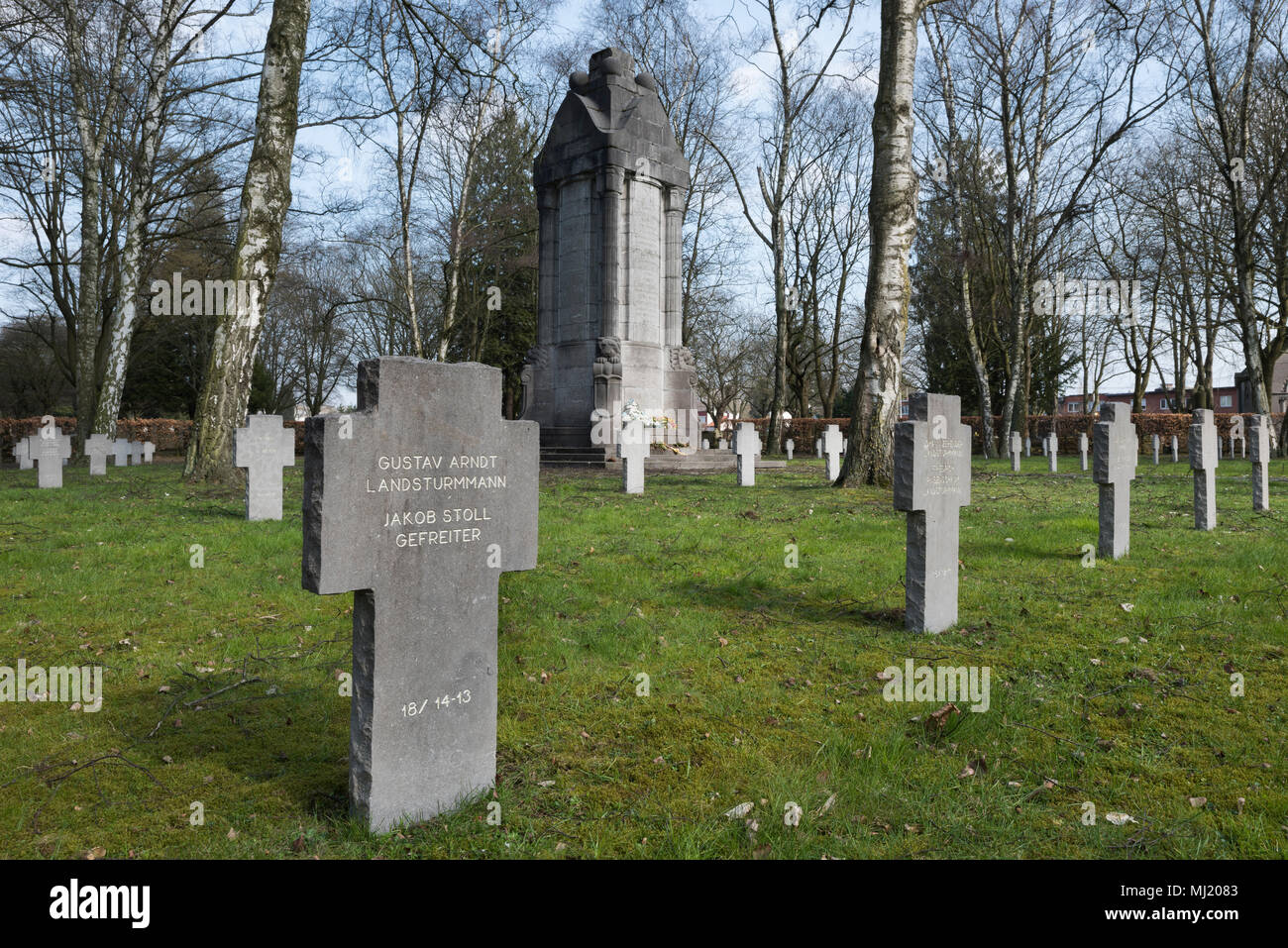 German military cemetery, conquest of Liège was the first major offensive operation, World War I, Liège, Wallonia, Belgium Stock Photo