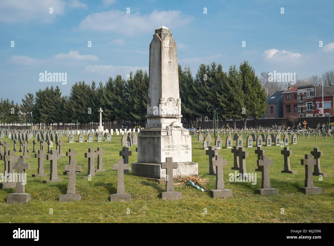 Italian military cemetery, obelisk and crosses, conquest of Liège was the first major offensive operation, World War I, Liège Stock Photo
