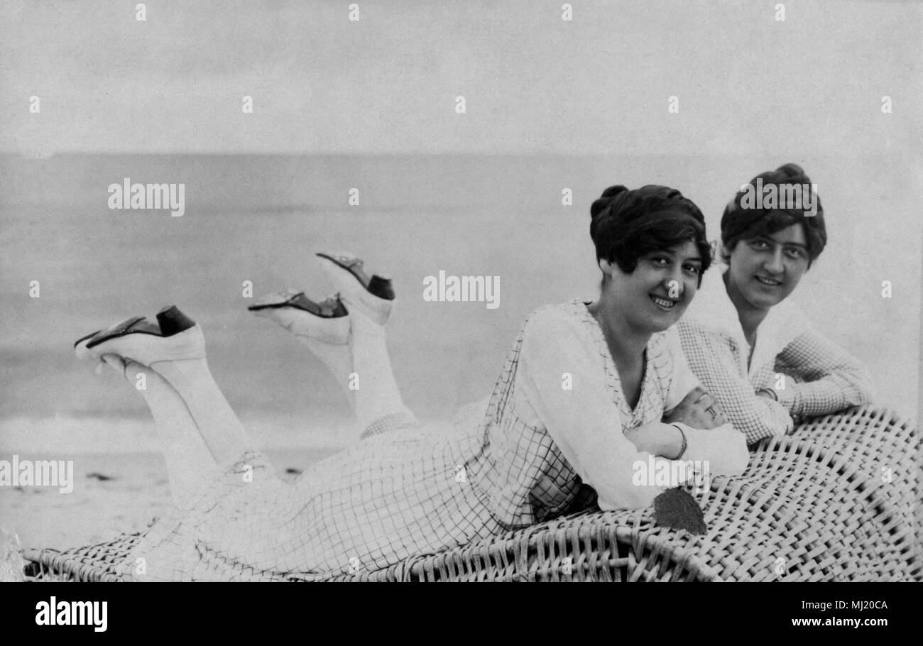 Holiday, two women on beach chairs, 1920s, Rügen, Baltic Sea, Germany Stock Photo