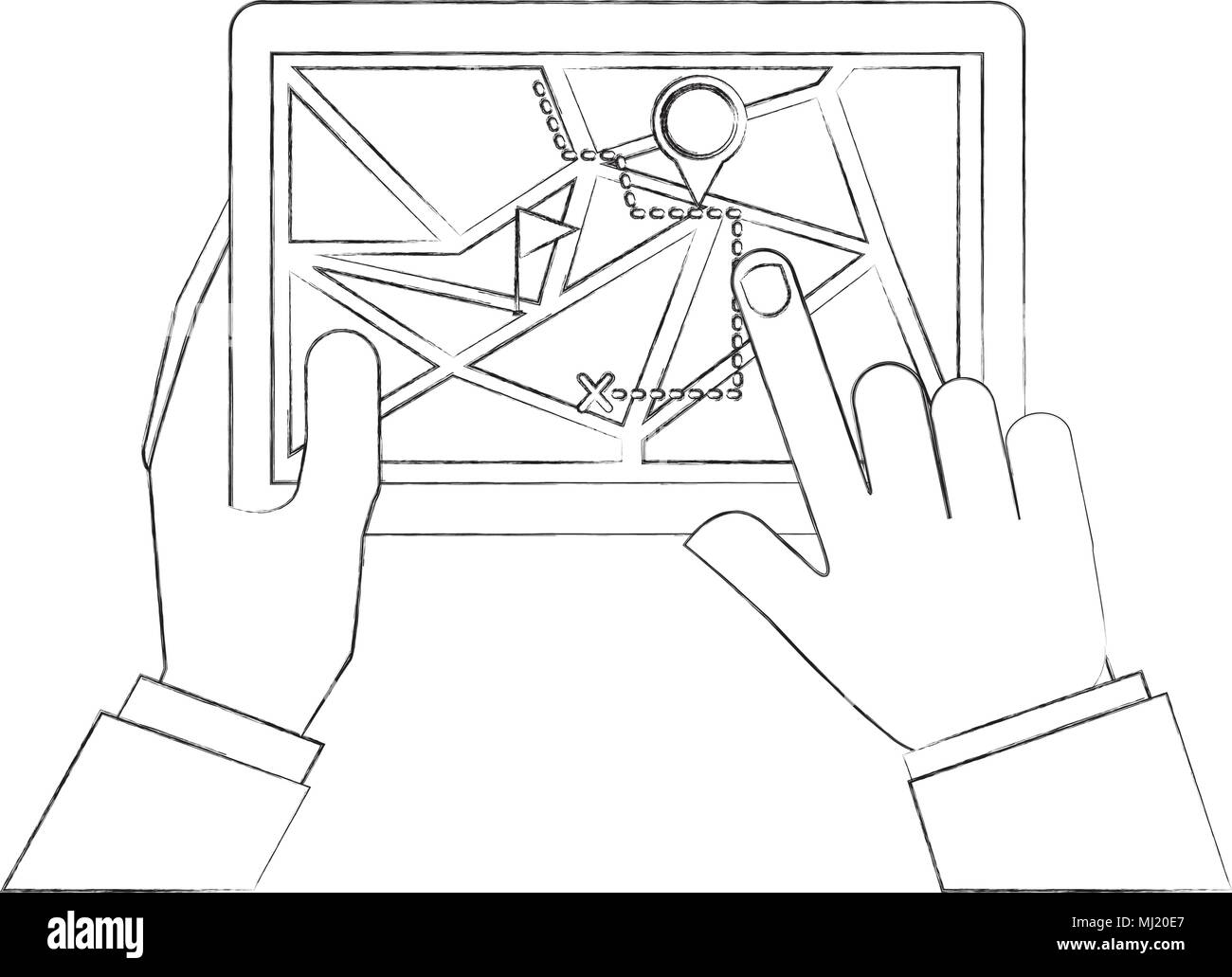 Premium Vector  Sketch of hand holding smart phone and touch the screen  with thumb hand drawn design illustration