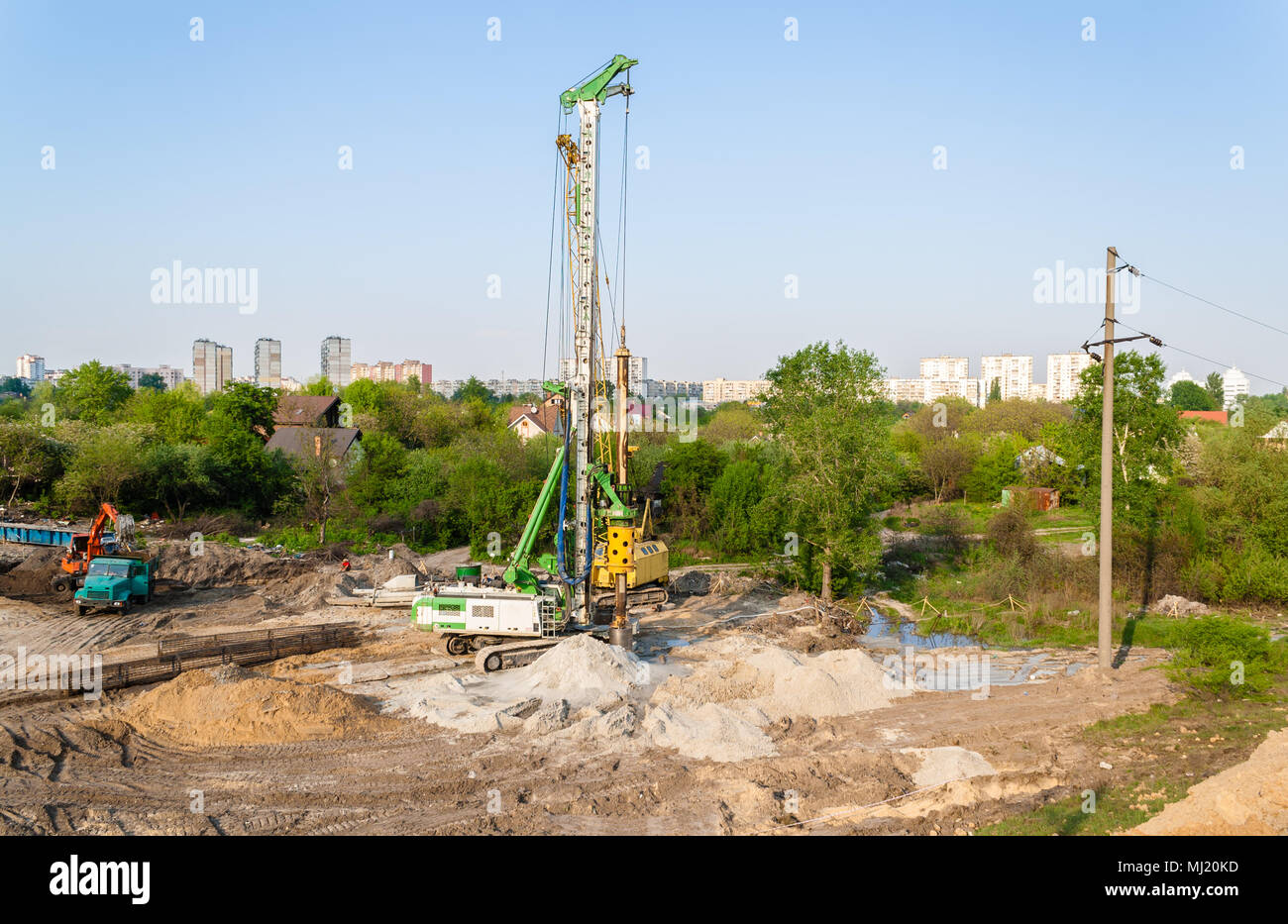 Pile driver at a construction site Stock Photo