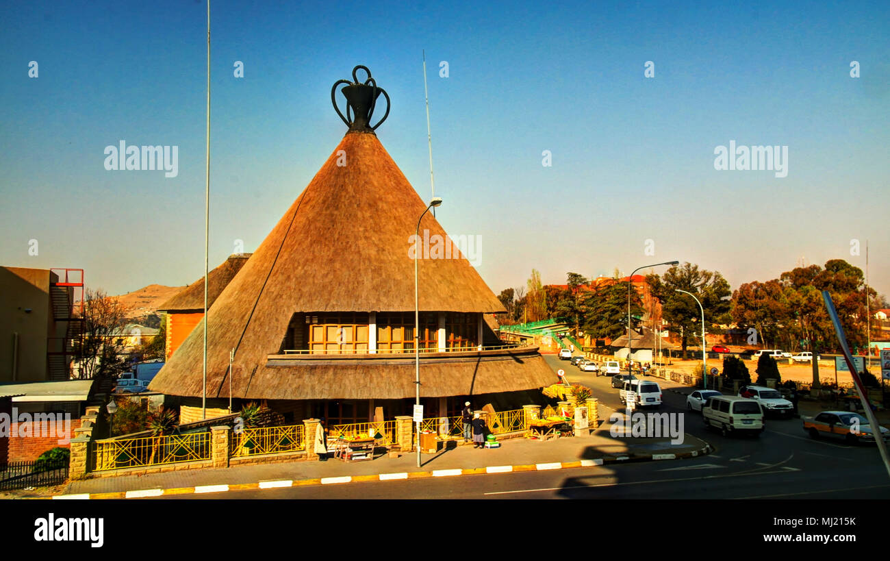 Souvenir shop in the form os traditional Basotho hat aka mokorotlo, Maseru, Lesotho Stock Photo