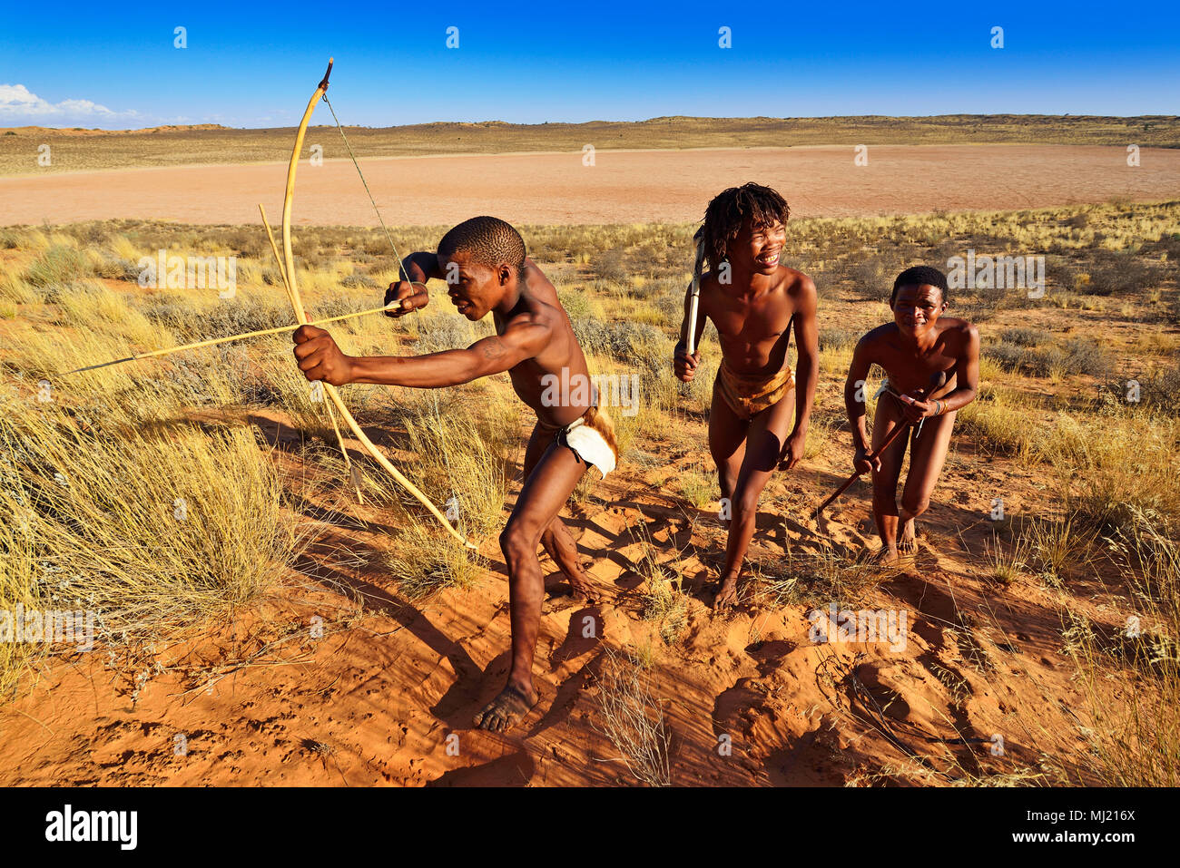 Bushmen of the San people hunting, Kalahari or Kgalagadi Transfrontier ...