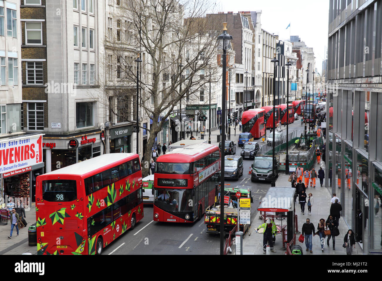 Buses and other traffic on Oxford Street at east end near Tottenham