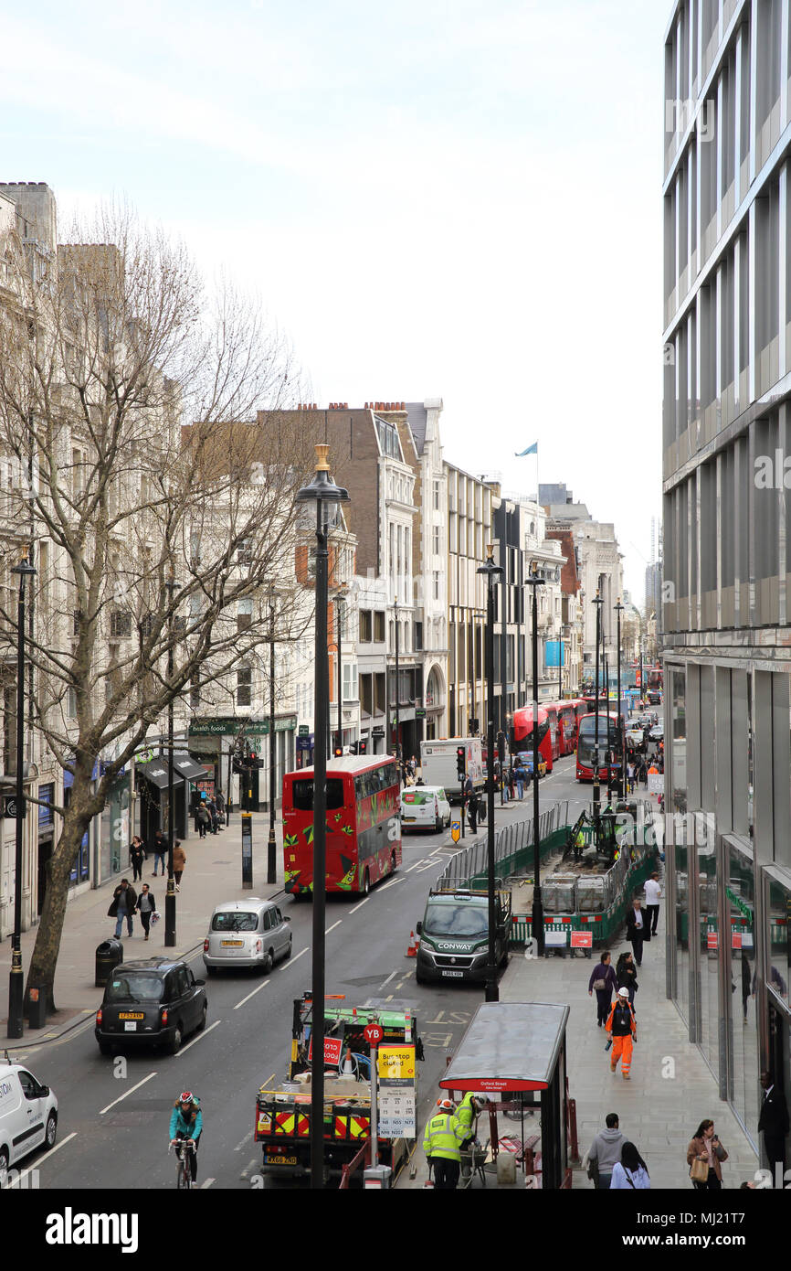 Buses and other traffic on Oxford Street at east end near Tottenham