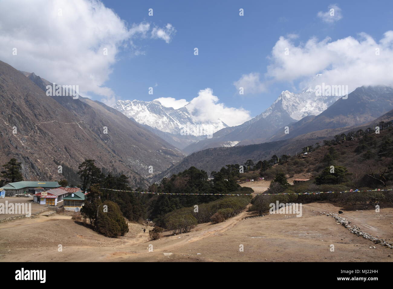 View of Everest, Lhotse, and Ama Dablam from Tengboche, Nepal Stock Photo