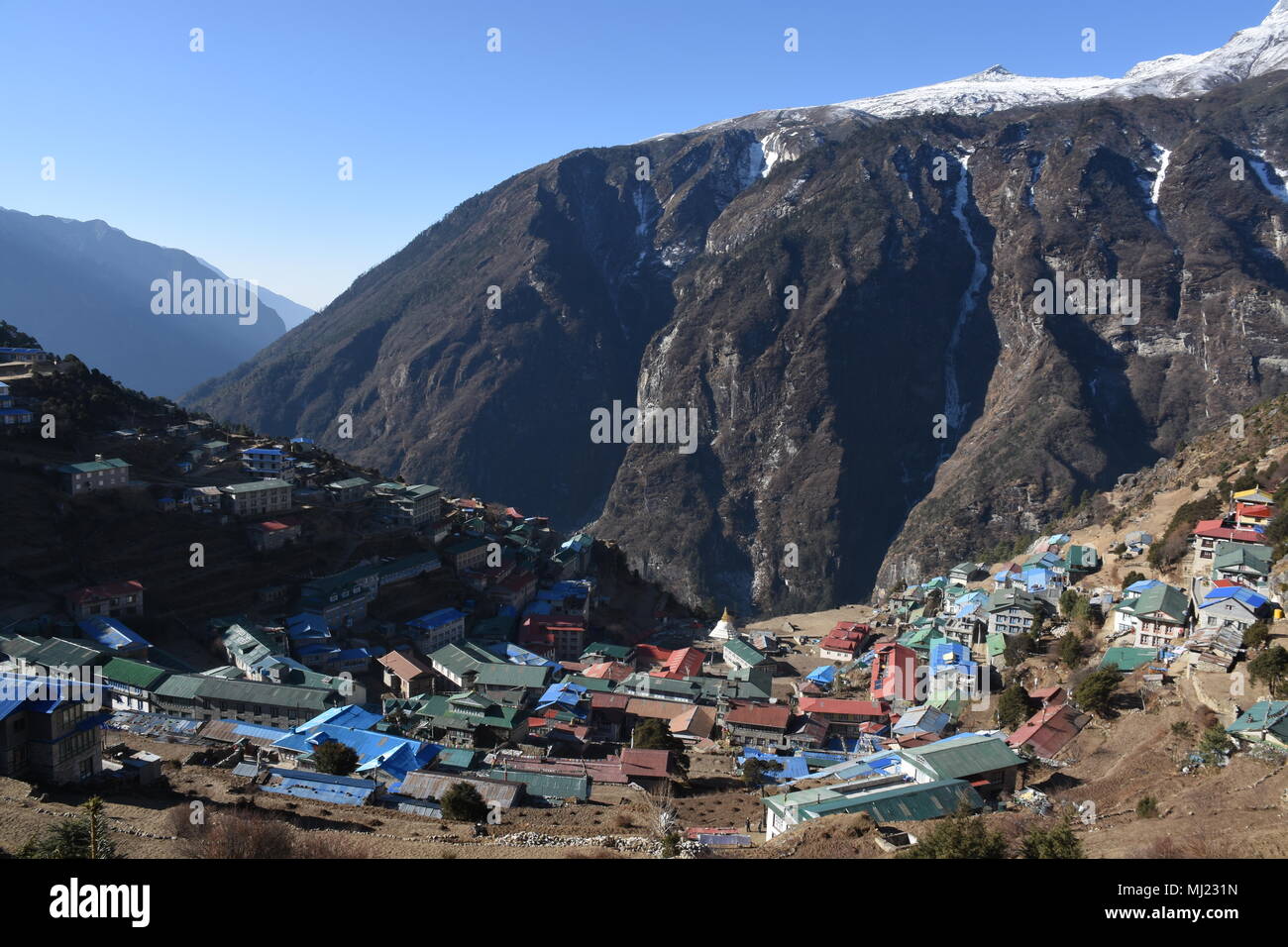 View of Namche Bazaar from an elevated position Stock Photo