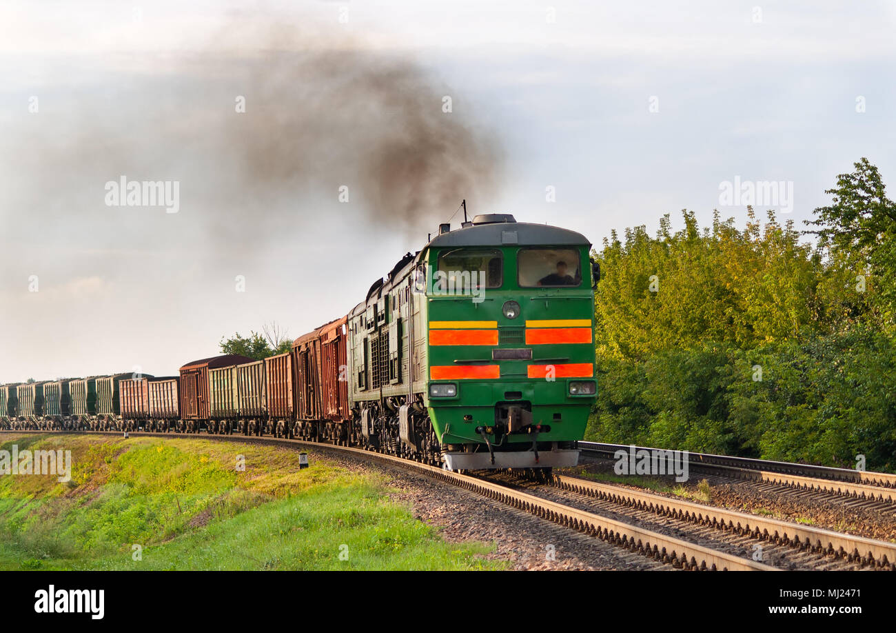 Freight train hauled by diesel locomotive. Belarusian railway Stock Photo