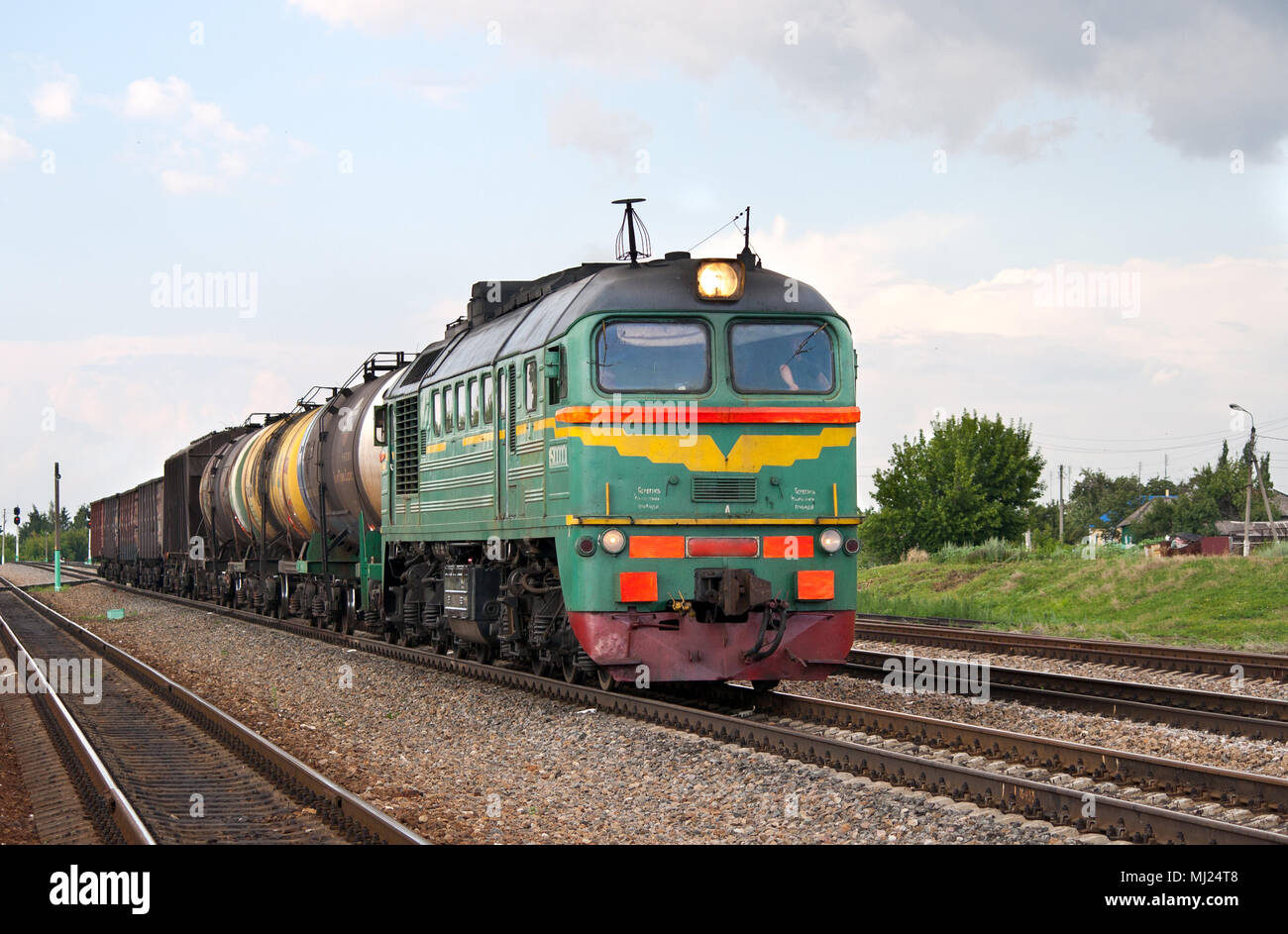 Russian freight diesel train Stock Photo