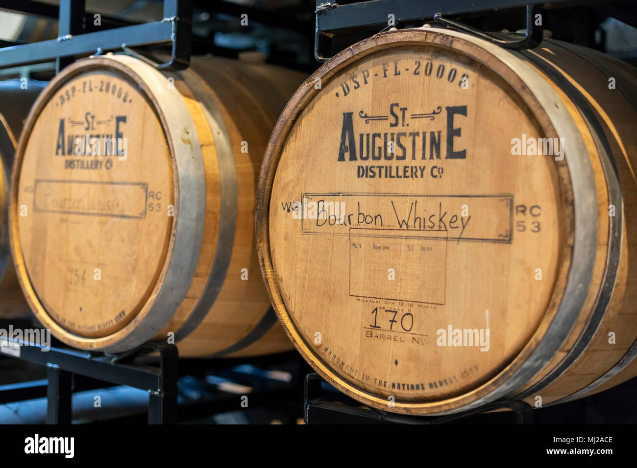 St. Augustine, Florida - Barrels of bourbon aging at the St. Augustine Distillery. The company uses Florida-grown agricultural products to make vodka, Stock Photo