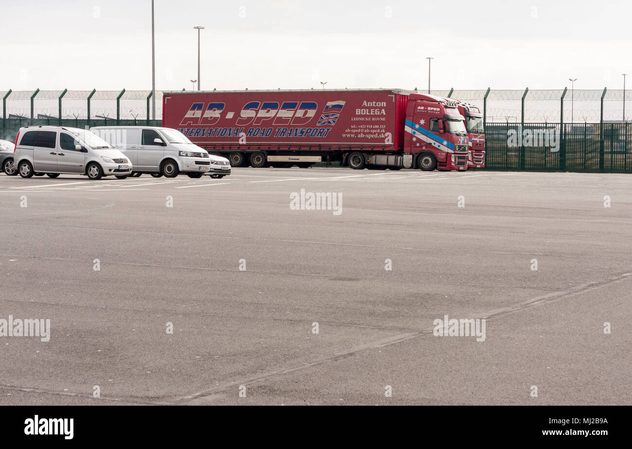 Vehicles lined up waiting to embark a ferry at Dunkirk Ferry Port