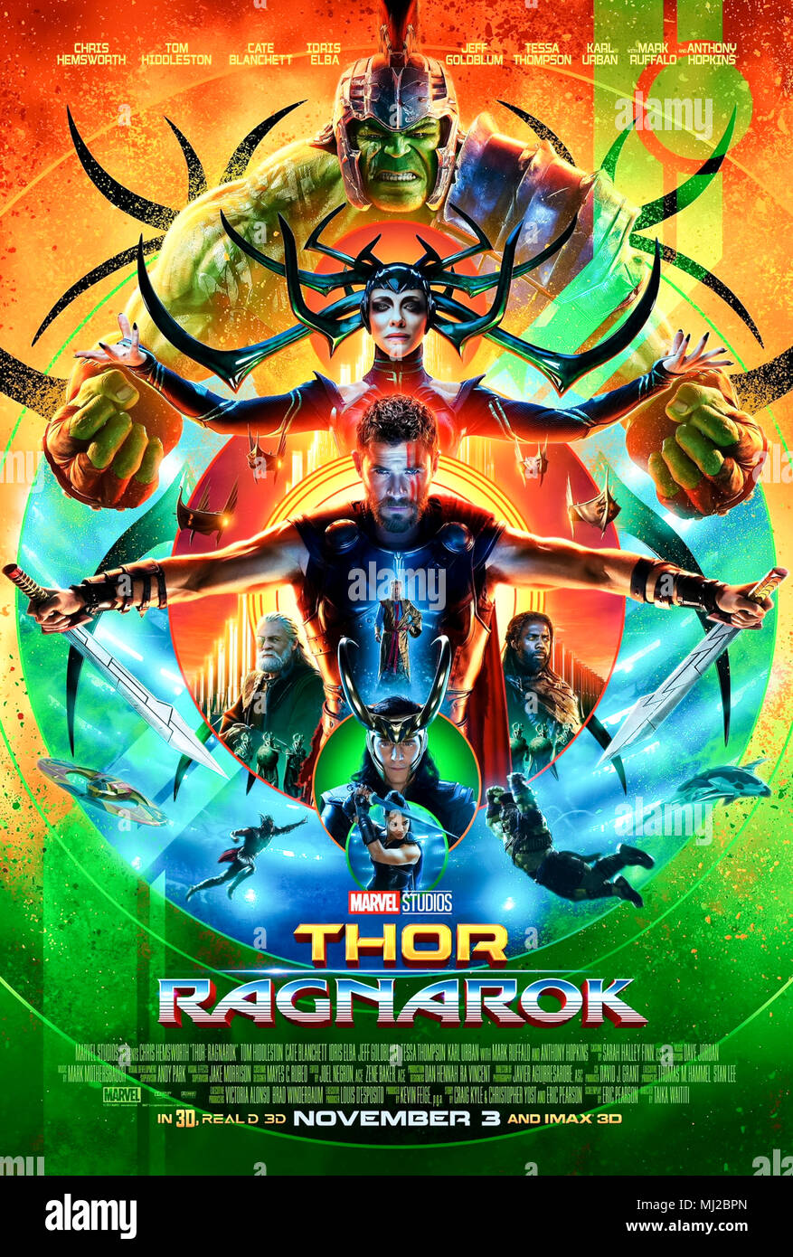 Thor: Ragnarok (2017) directed by Taika Waititi and starring Chris Hemsworth, Jeff Goldblum, Tessa Thompson and Mark Ruffalo. Thor gets stranded enroute to his homeworld on the planet Sakaar where he meets an old friend and a Valkyrie. Stock Photo