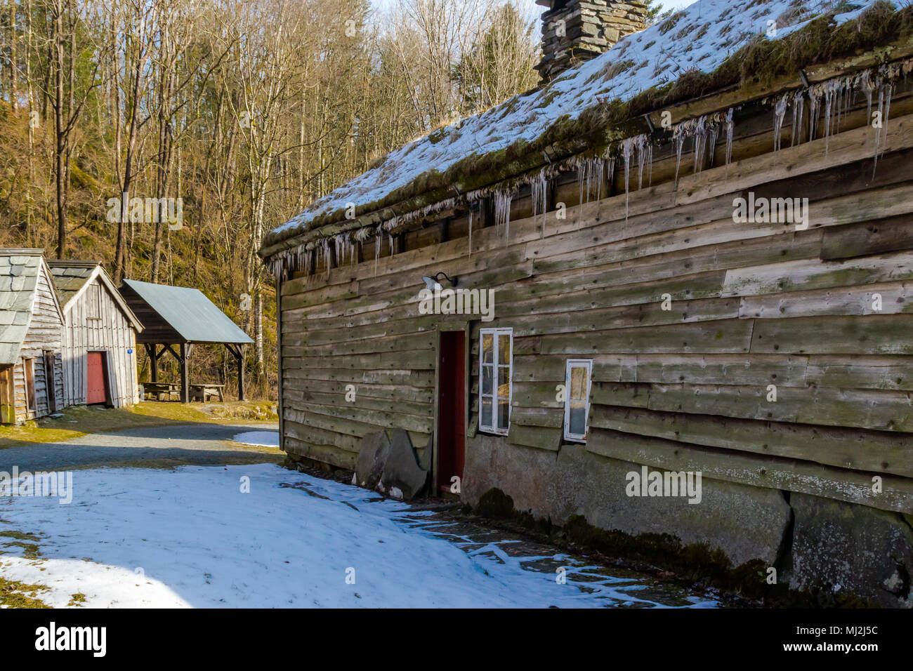 Early spring at Hordamuseet open air museum at Stend, by the Fana fjord,  Norway. Old building styles from Hordaland and west coast Norway Stock  Photo - Alamy