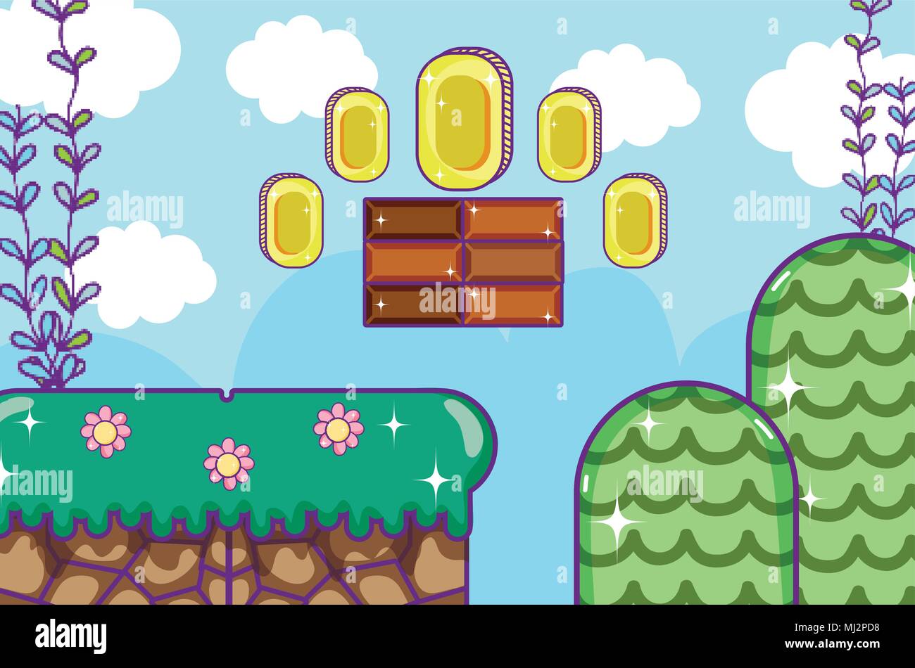Pixelated retro videogame scenery Stock Vector