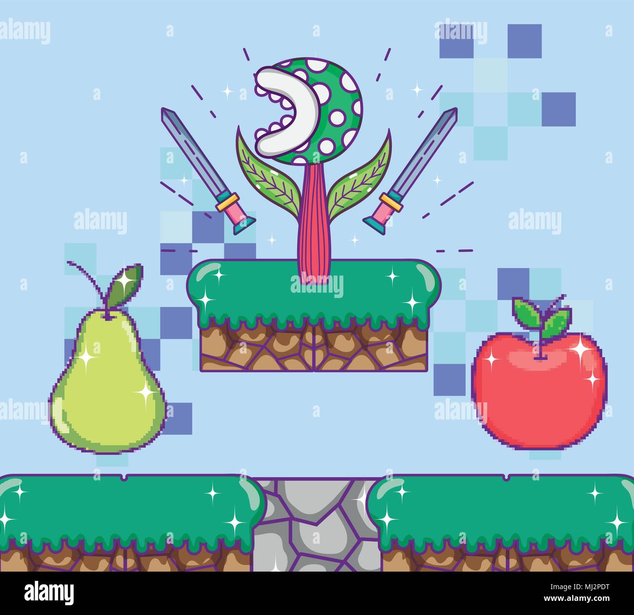 Pixelated retro videogame scenery Stock Vector