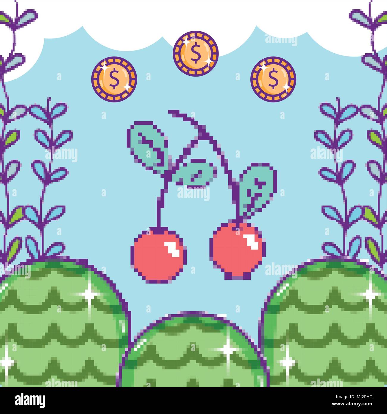 Pixelated retro videogame scenery Stock Vector