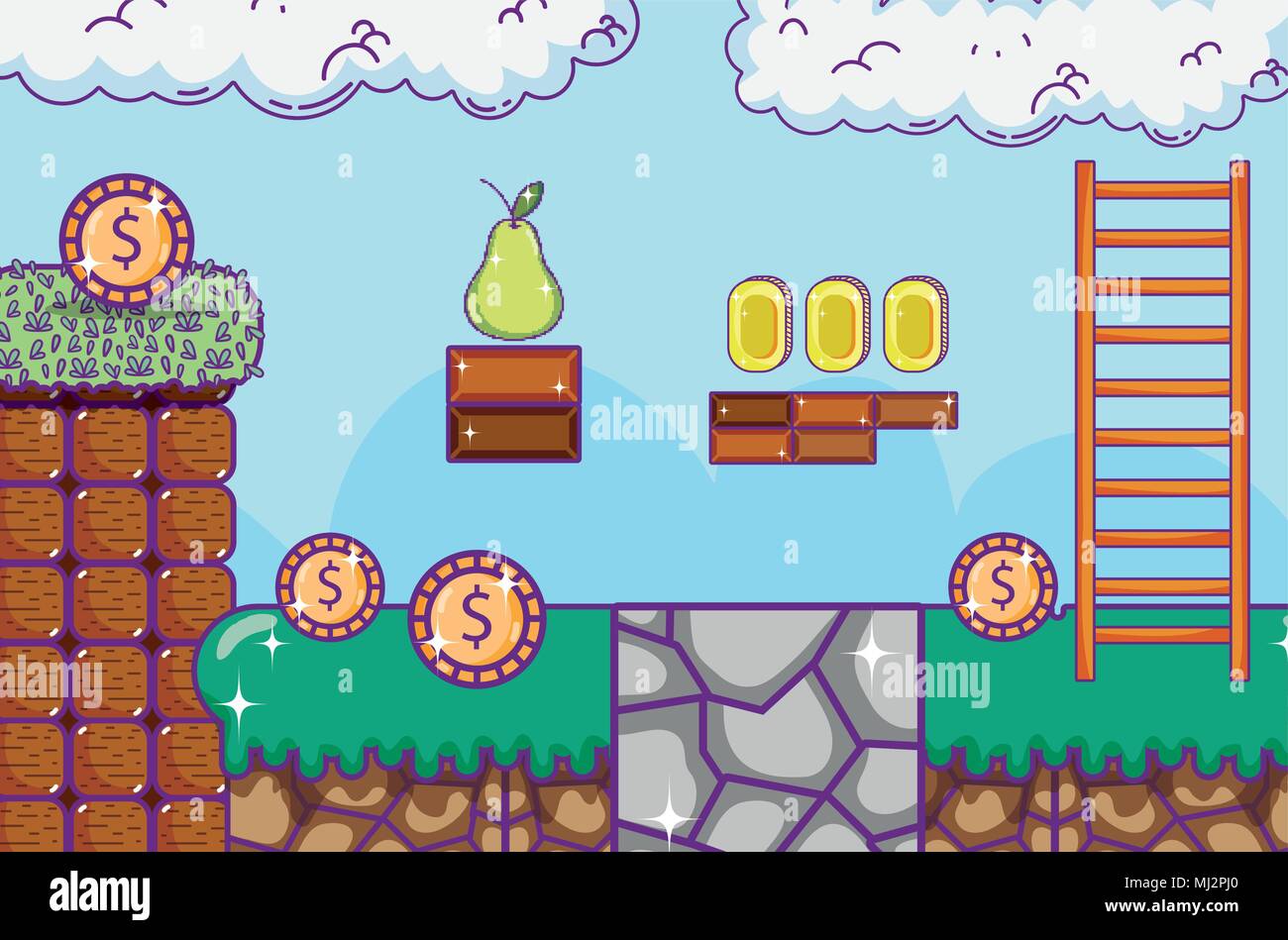 Pixelated retro videogame scenery Stock Vector