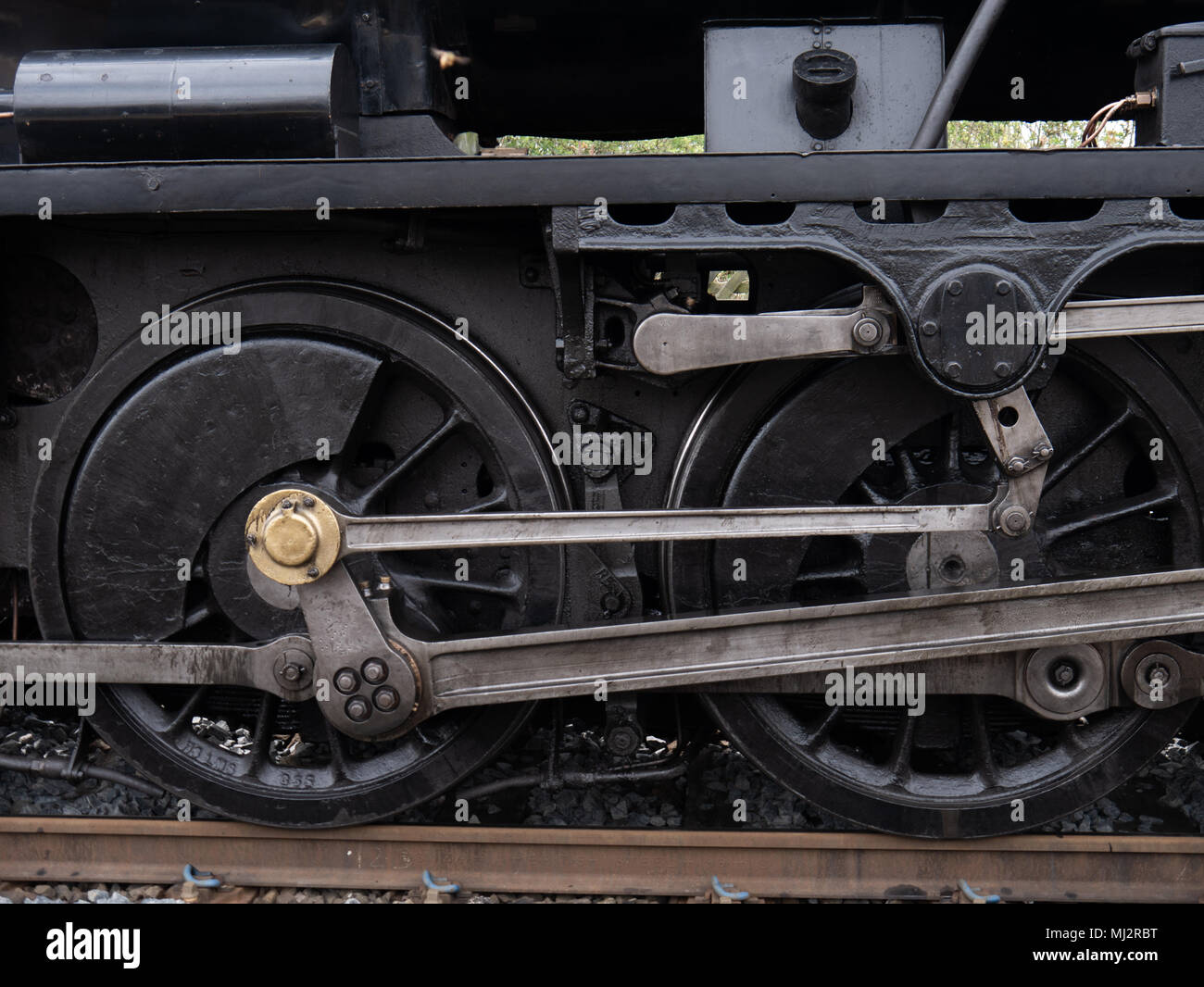 Wheels of a steam train, The Dalesman, 48151, Carnforth to Carlisle West Coast line Stock Photo
