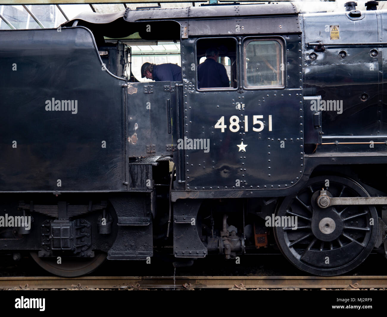 Cab of the steam train, The Dalesman, 48151, Carnforth to Carlisle West Coast line Stock Photo