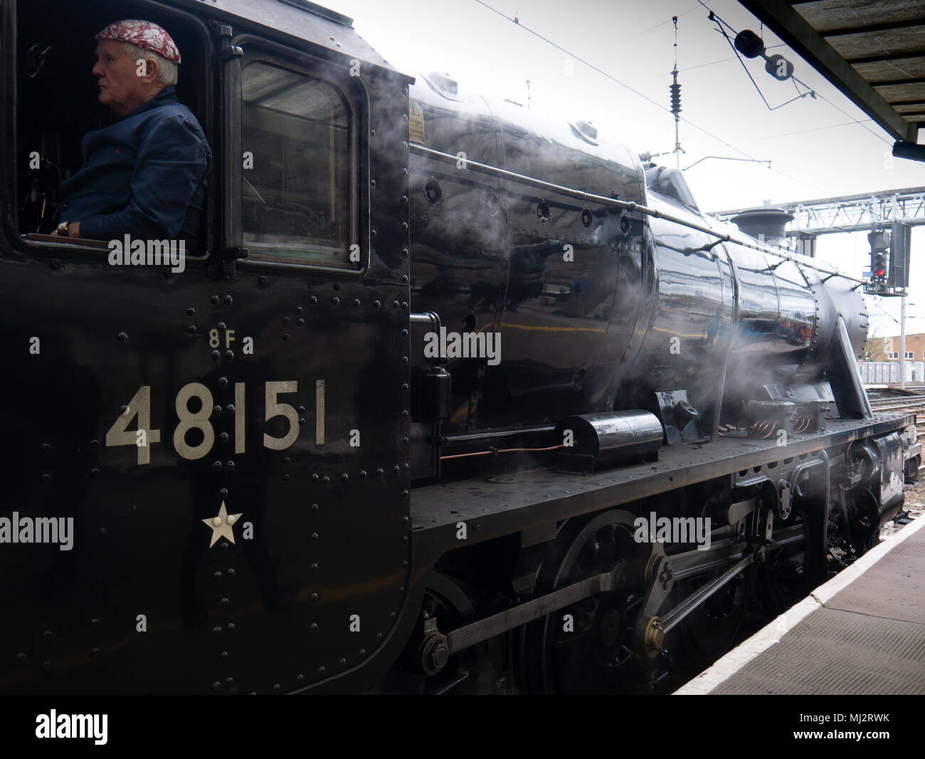 Cab of the steam train, The Dalesman, 48151, Carnforth to Carlisle West Coast line Stock Photo