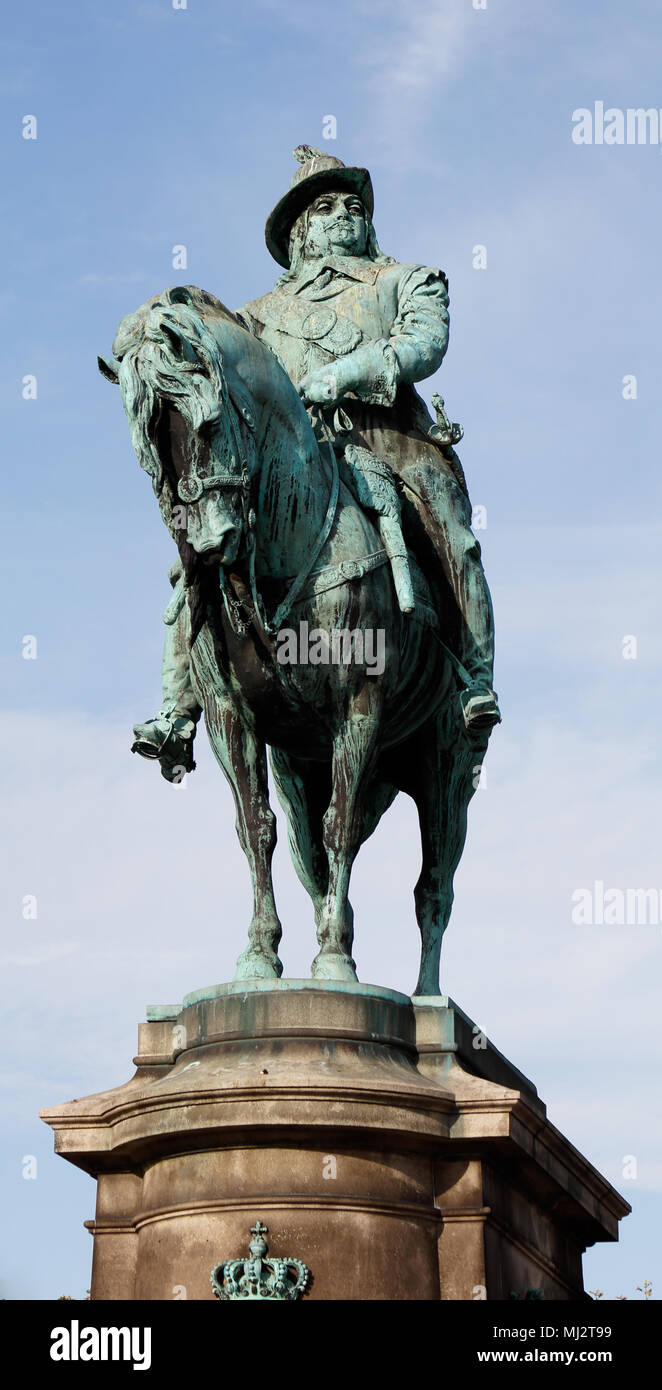 Equestrian statue at the main square Stora torget in Malmo, Sweden, representing Sweden's King Karl X sculpted by John Borjeson (1835-1910) unveiled i Stock Photo