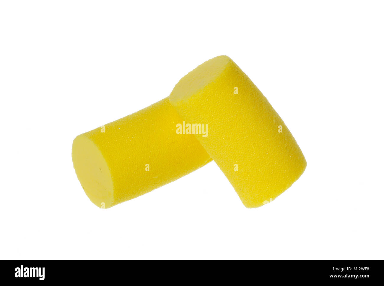 Two noise cancelling yellow foam ear plugs isolated on white background
