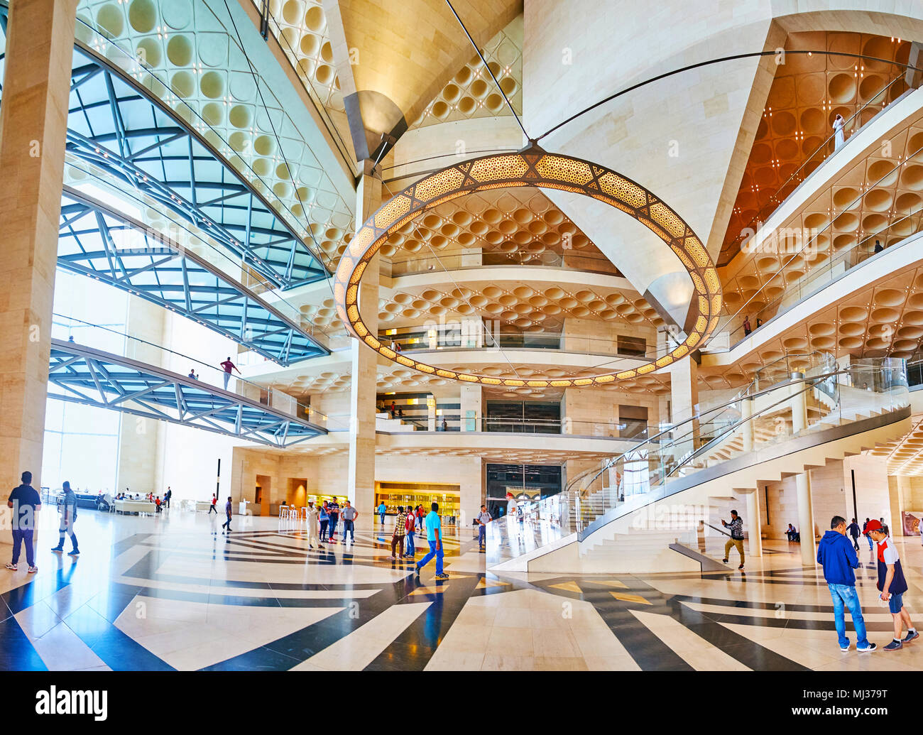 DOHA, QATAR - FEBRUARY 13, 2018: Panorama of hall of Islamic Art Museum - the perfect example of modern architecture and interior design in Qatar, on  Stock Photo