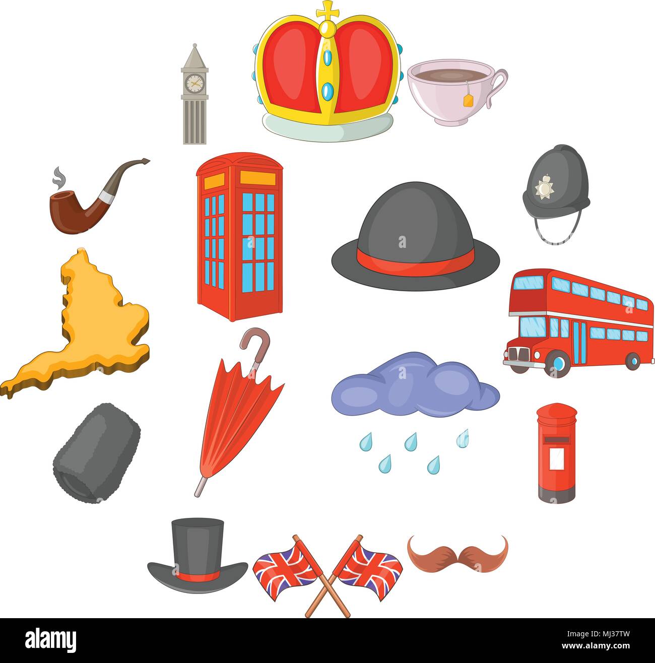 United kingdom travel icons set, cartoon style Stock Vector