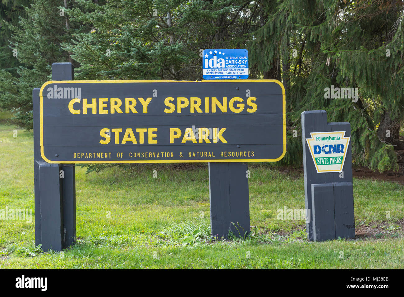 Signs at the entrance to the astronomy field at Cherry Springs State Park, an International Dark Sky Park in central Pennsylvania. Stock Photo