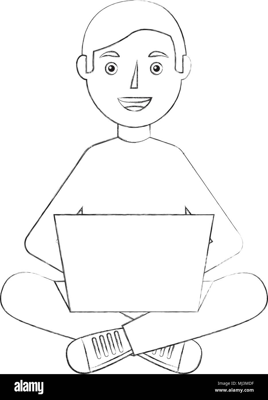 young man sitting in floor with laptop vector illustration sketch Stock ...