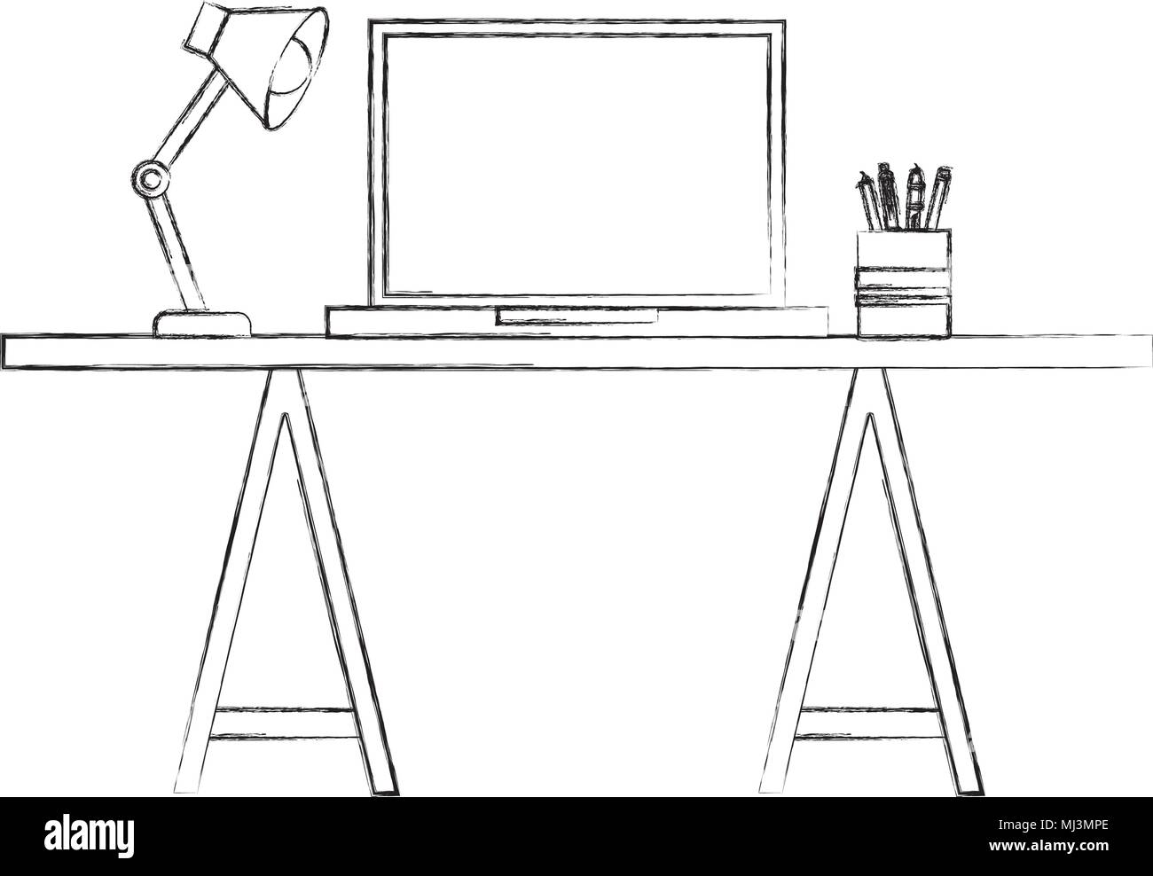 workspace desk laptop lamp and pencils pen vector illustration sketch ...