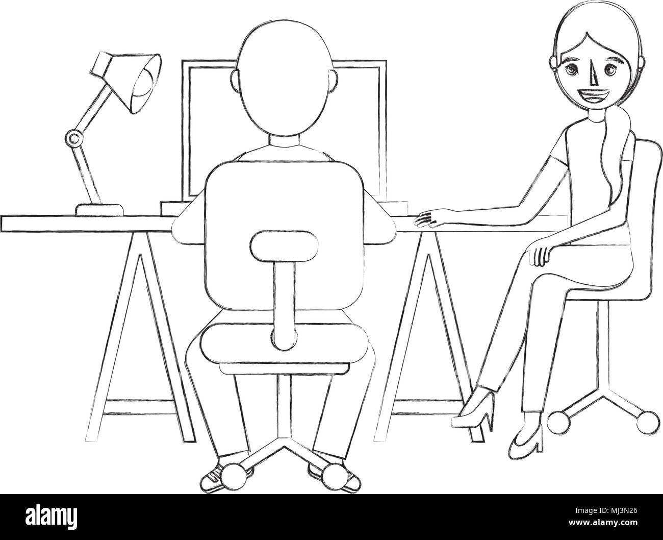 man and woman sitting at the desk and working on the computer vector illustration sketch Stock