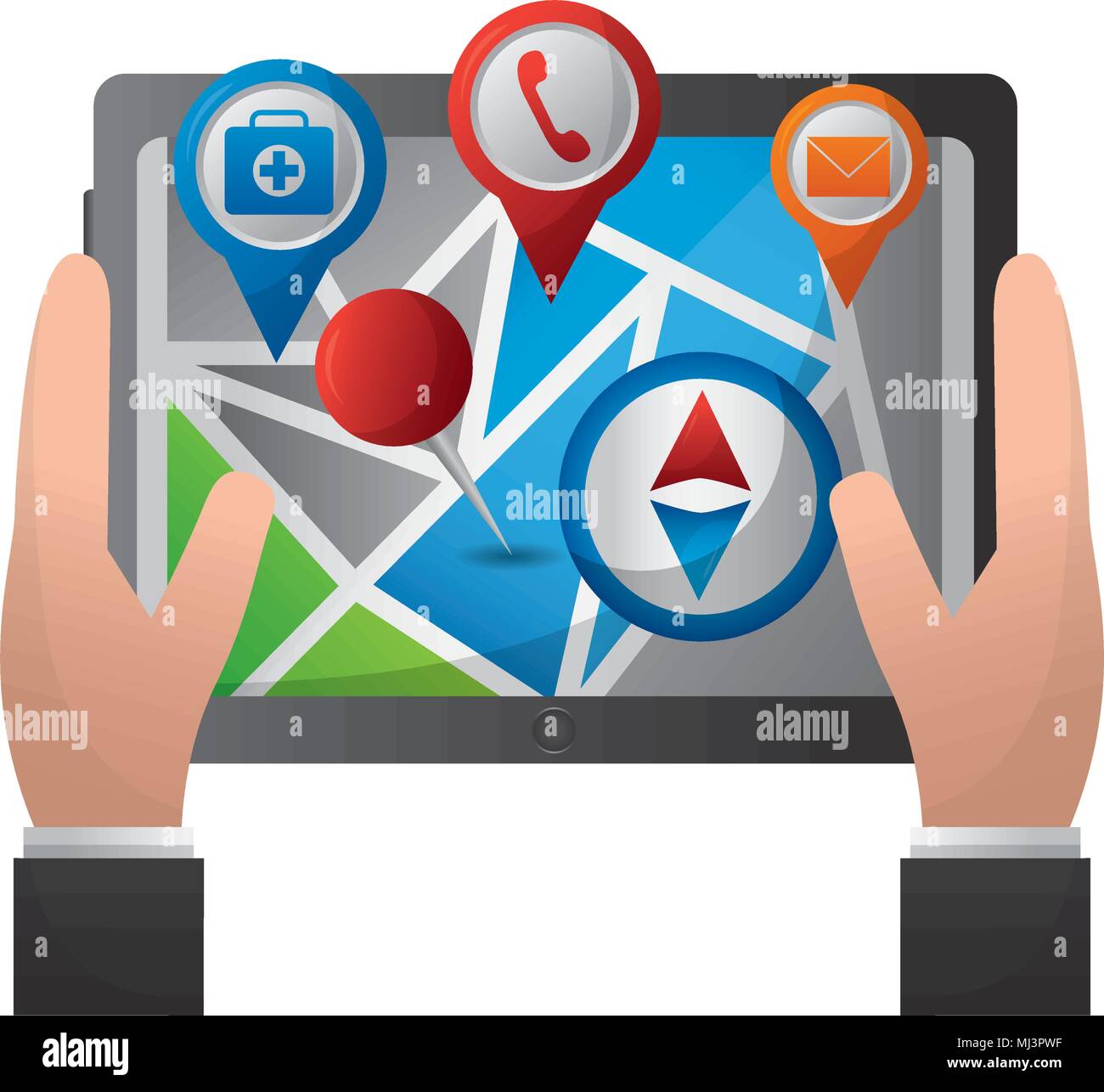 hands holds tablet with mobile gps navigation map with markers vector
