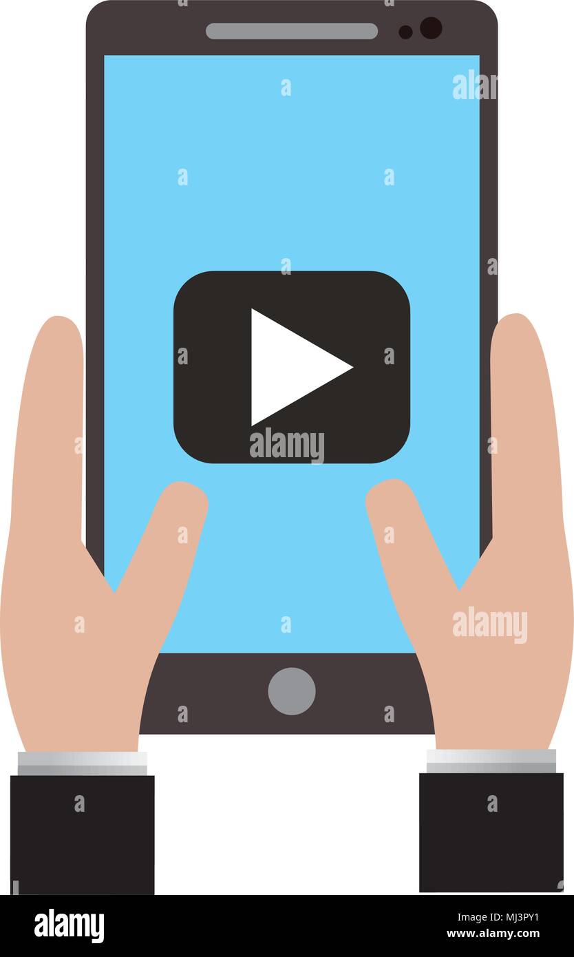 hand holds smartphone with video player button vector illustration ...