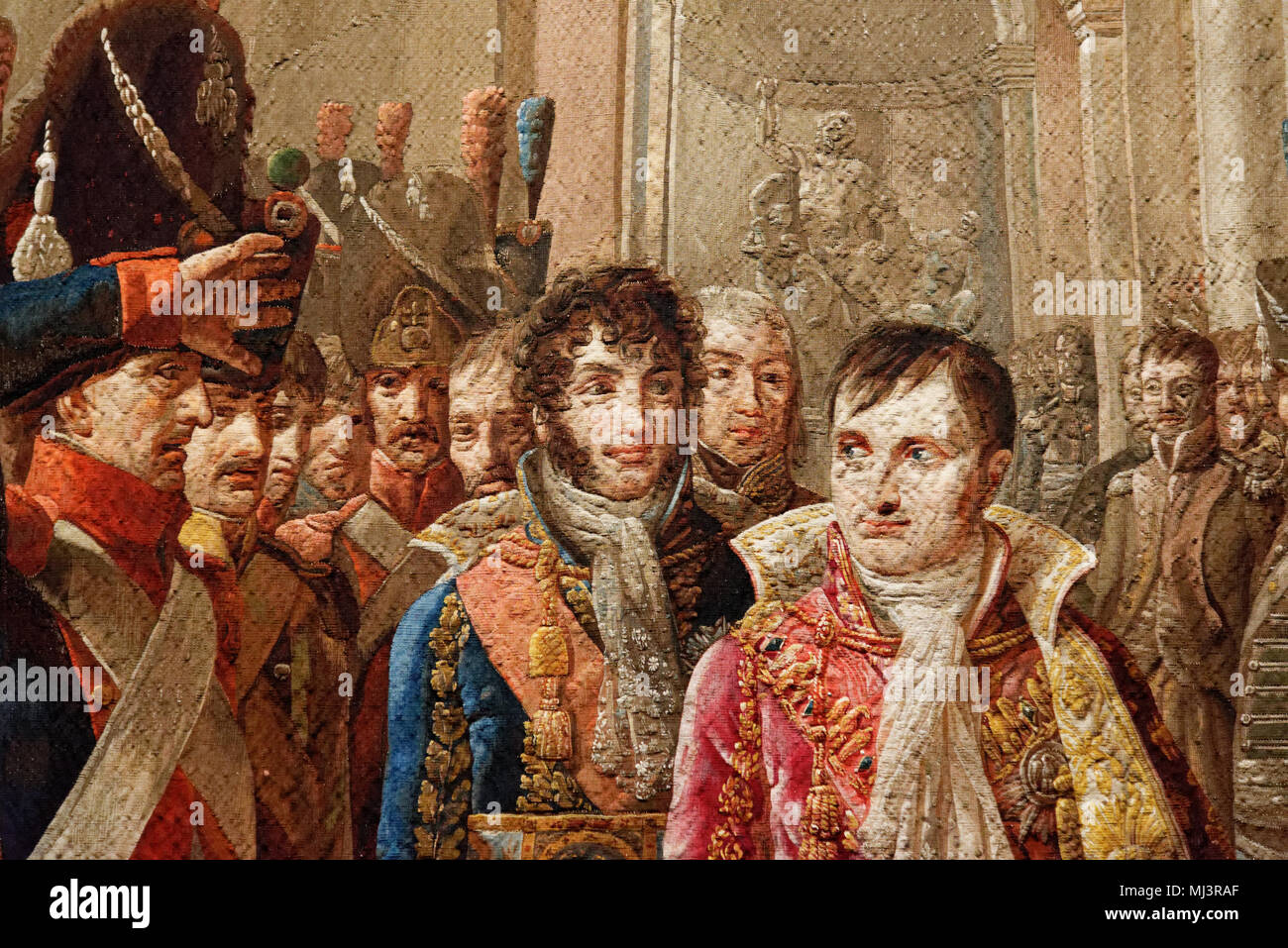 Detail of a high warp tapestry showing Napoleon and his brother in law Murat receiving army delegates after his coronation Stock Photo